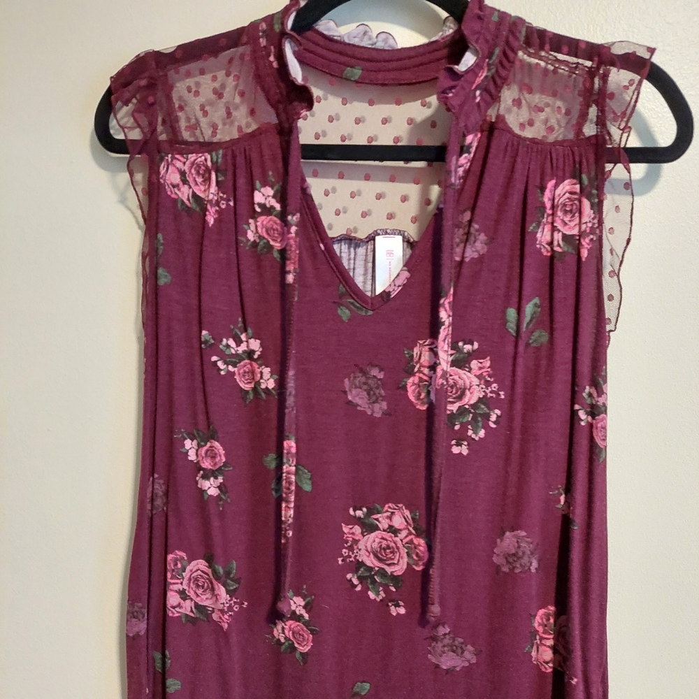 Burgundy Floral Lace Mesh Tie Neck Sleeveless